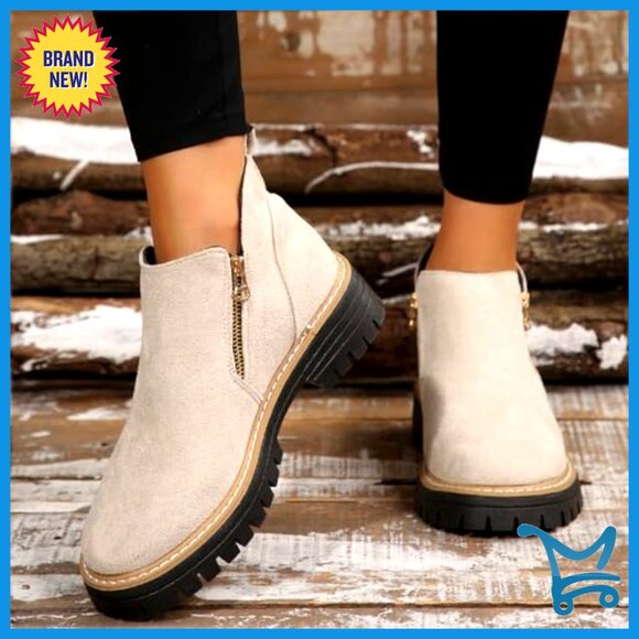 Vintage Pointed Toe Ankle Boots Platform Chunky Heel Side Zipper Slip On
